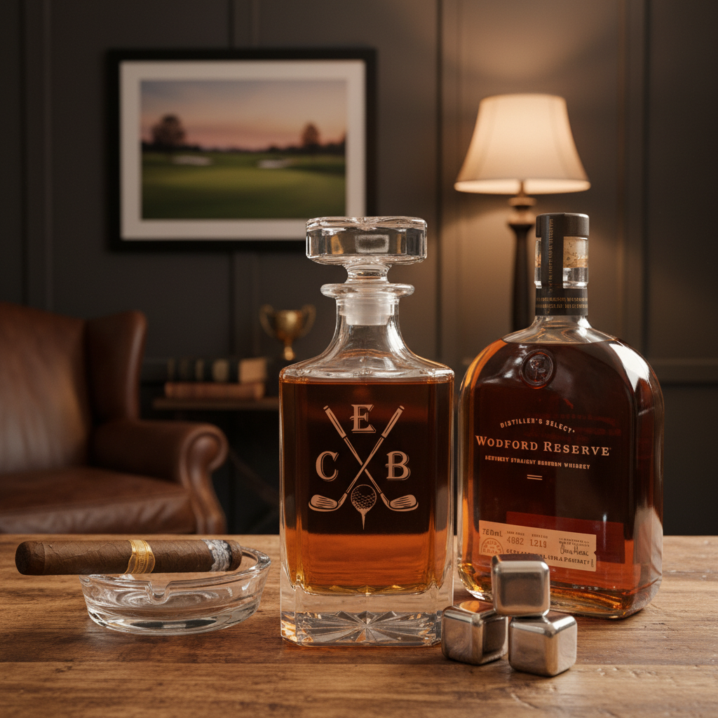 Personalized whiskey decanter with sample engraving of crossed golf clubs and initials "CEB" displayed on wooden table next to rocks glass and cigar