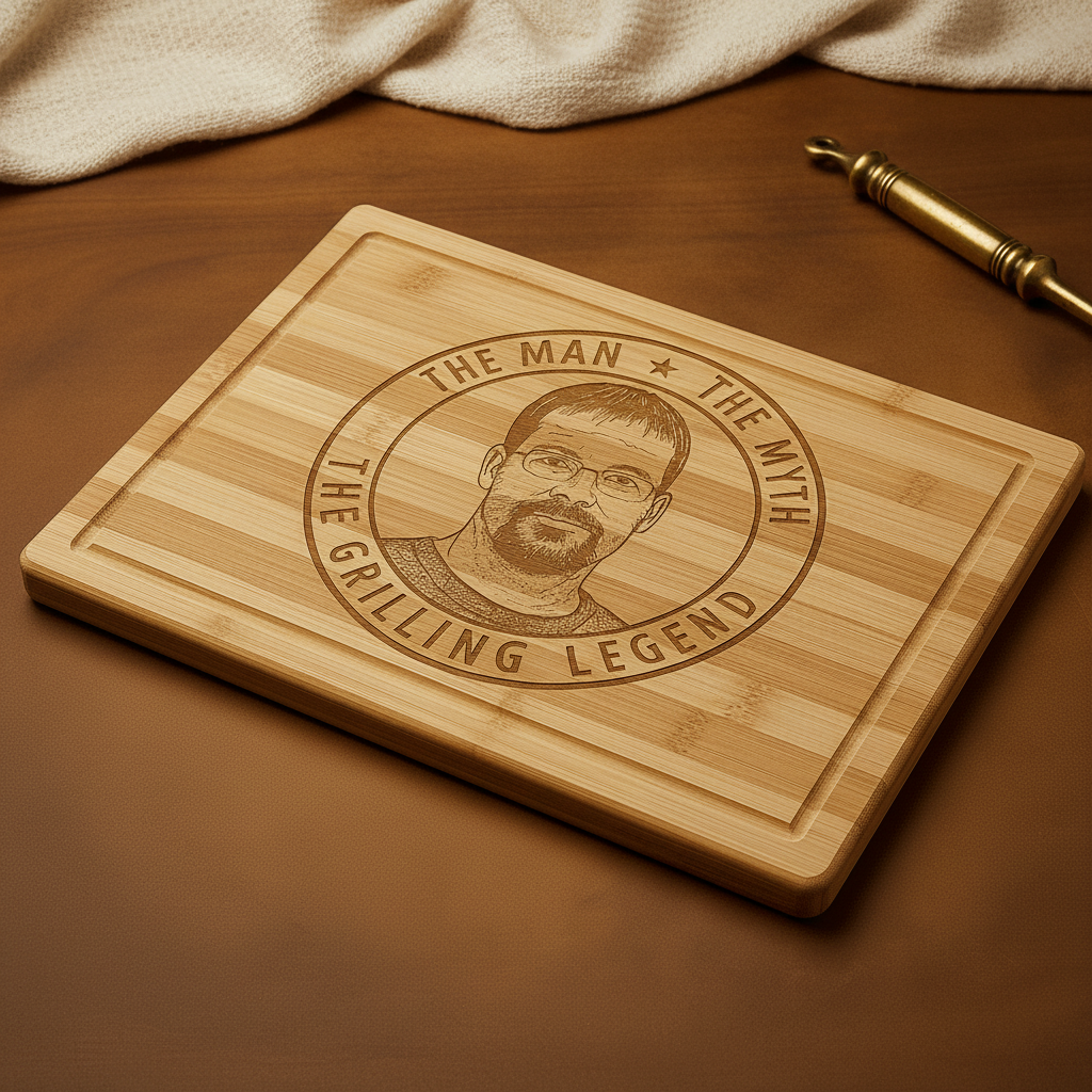Bamboo cutting board laser-engraved with sample portrait and circular badge design reading "The Man The Myth The Grilling Legend" with decorative stars