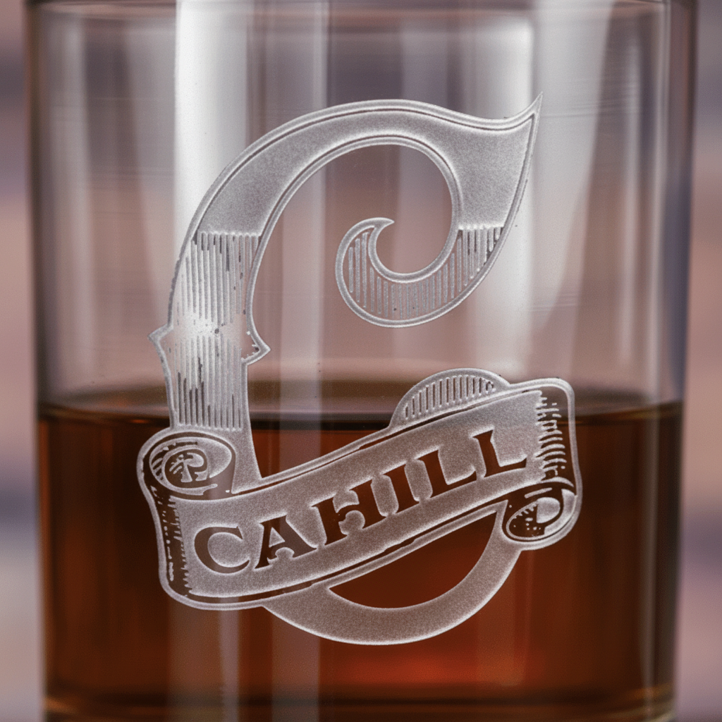 Close-up macro of Banner Script personalized bourbon glass with a sand-carved script monogram above an engraved name banner showing the 3D depth of the sand-carved engraving