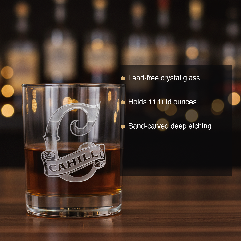 Banner Script personalized bourbon glass with a sand-carved script monogram above an engraved name banner features: lead-free crystal, 11 oz, sand-carved deep etching