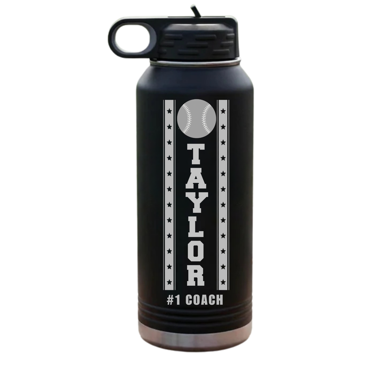Personalized baseball coach water bottle in black, laser engraved with sample name TAYLOR and #1 COACH in a star-banner baseball design, a top baseball coach gift