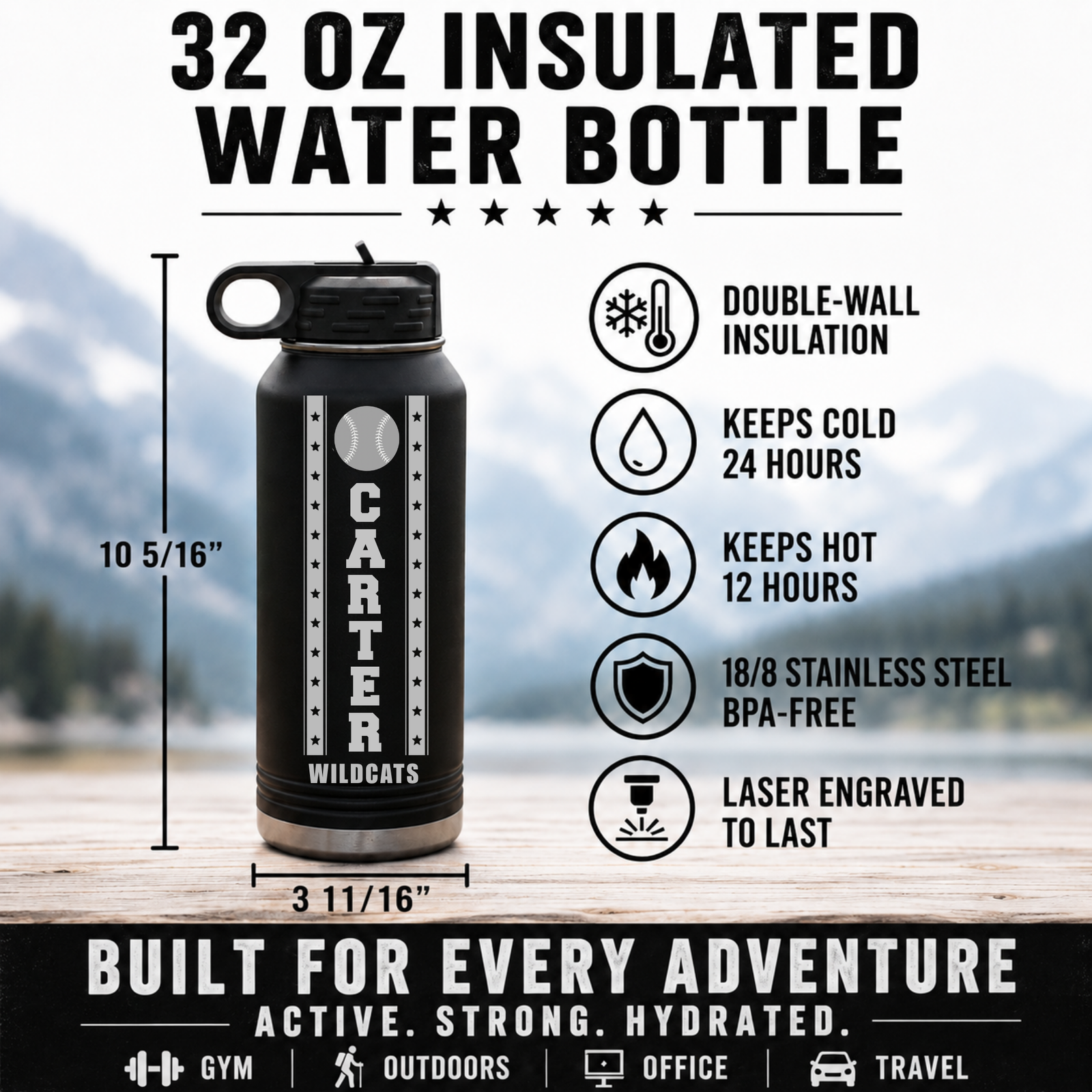 32oz insulated baseball coach water bottle features and dimensions, 10 5/16 inches tall, keeps cold 24 hours, 18/8 stainless steel, laser engraved to last
