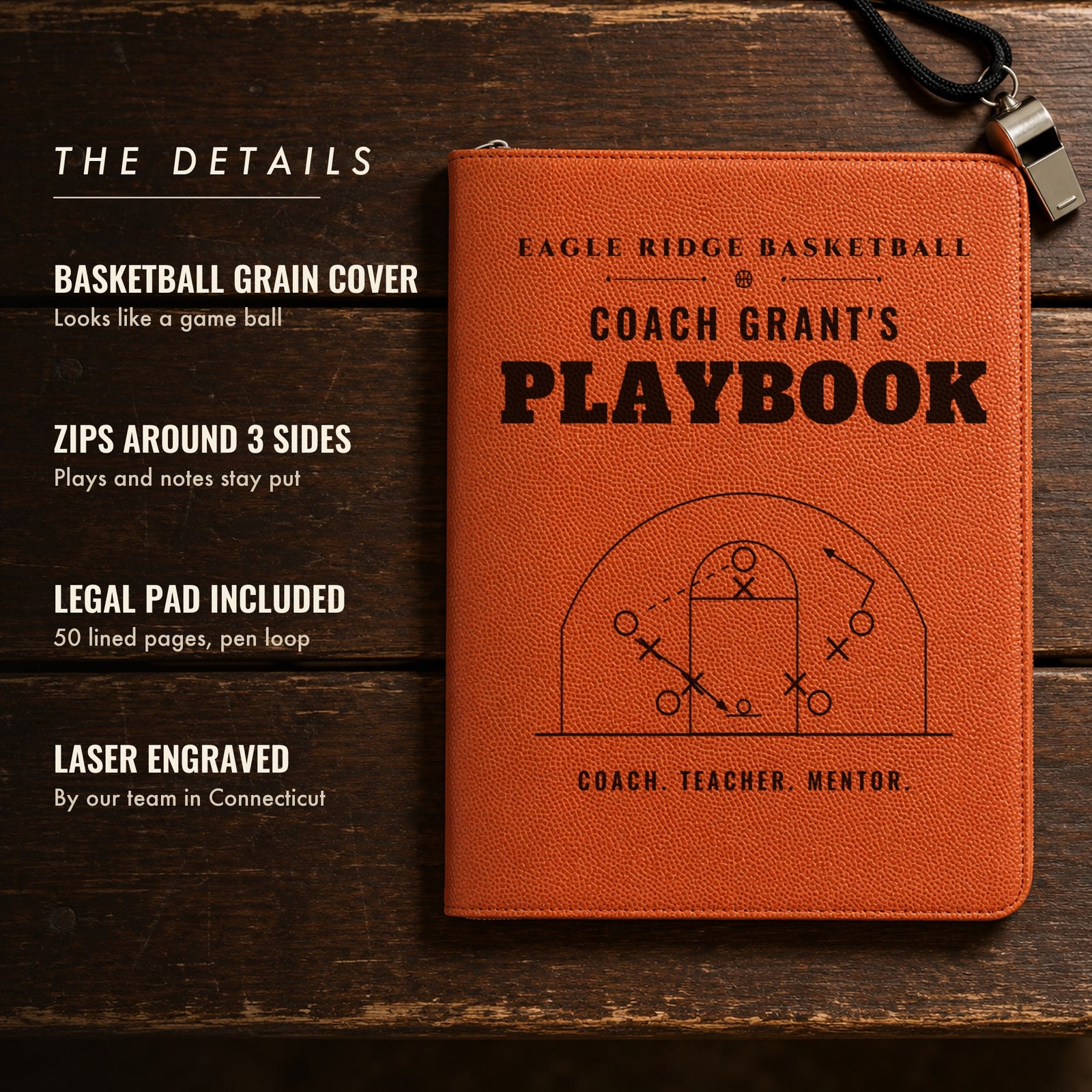 Details of the engraved basketball coach padfolio: basketball grain cover, zips around, legal pad included, laser engraved, shown as Coach Grant's