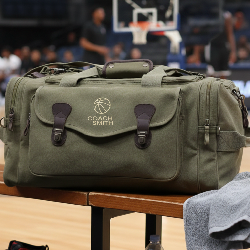 Olive green canvas basketball coach duffle bag embroidered COACH SMITH beneath a basketball, on a bench courtside, a personalized basketball coach gift.