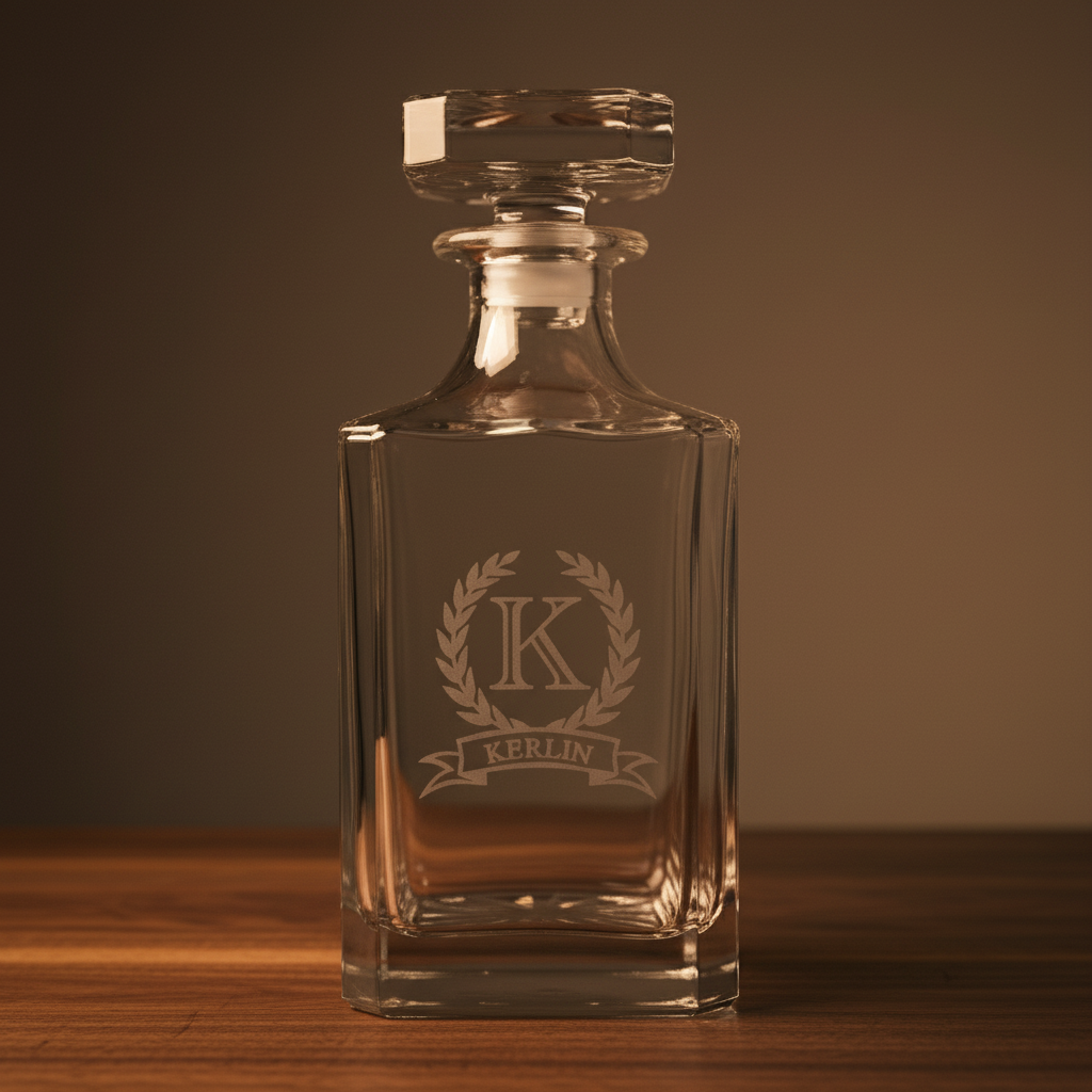 Crystal glass decanter with sample monogram showing initial K and last name Kerlin engraved within laurel wreath design, topped with matching stopper