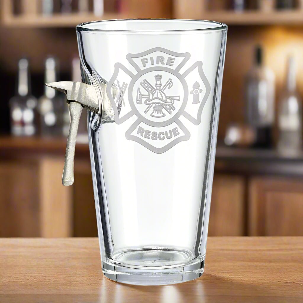 Firefighter glass with embedded metal axe and fire rescue emblem