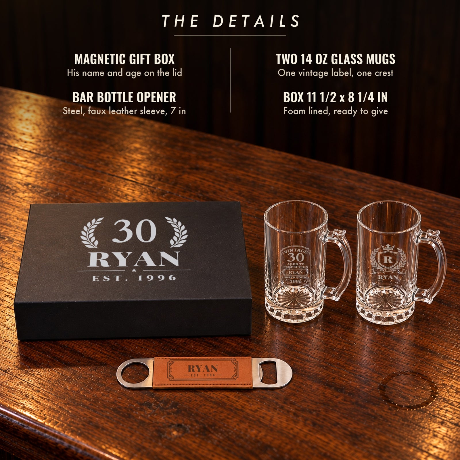 The details of the personalized birthday beer gift set for men: magnetic gift box with his name and age, two glass mugs and an opener