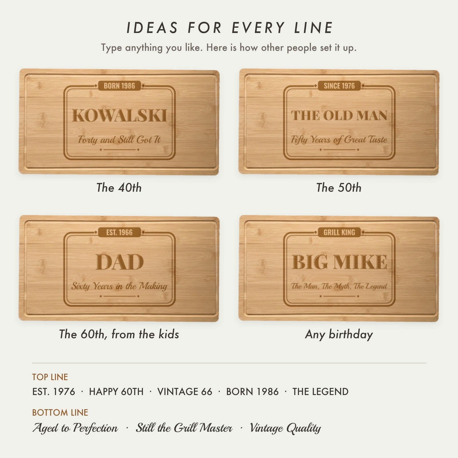 Four engraved birthday cutting board ideas for a 40th, 50th and 60th birthday, with names like Kowalski, Dad and Big Mike and lines like Aged to Perfection