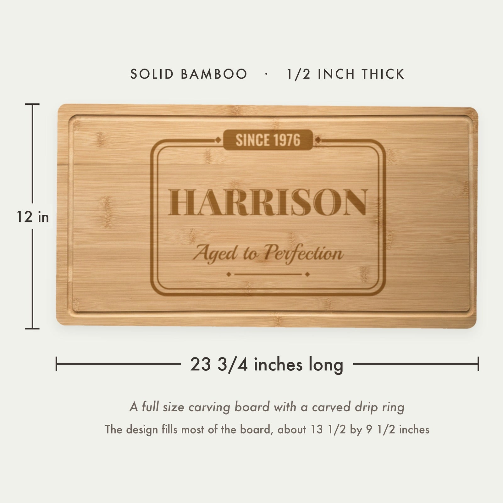 Size guide for the personalized birthday cutting board in solid bamboo, 23 3/4 inches long by 12 inches wide and half an inch thick, with a drip ring