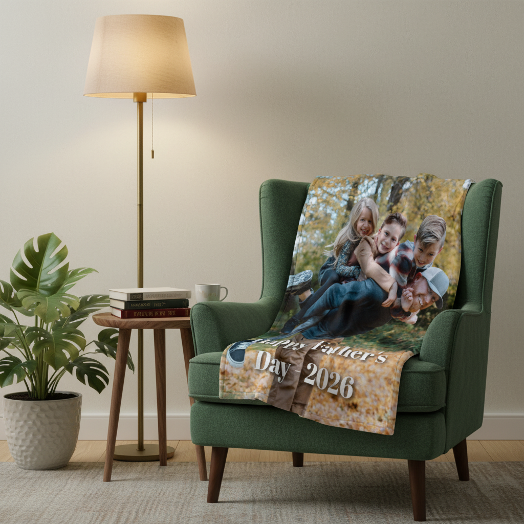 Personalized photo blanket with sample family portrait and "Dad Father's Day 2026" text draped over green armchair in living room setting