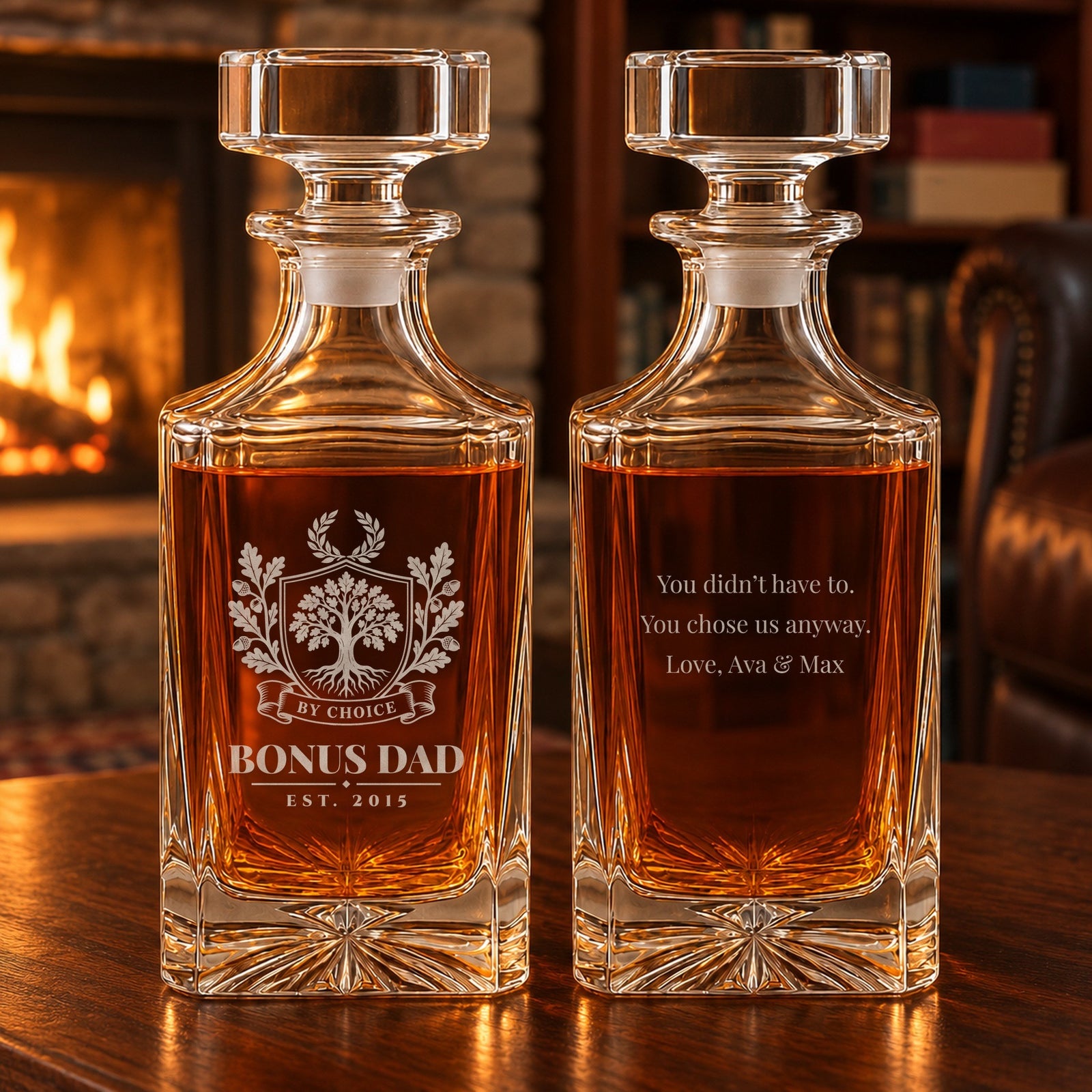 Bonus dad gift decanter shown front and back: a By Choice crest with Bonus Dad, Est. 2015, and a note from the kids, You didn't have to