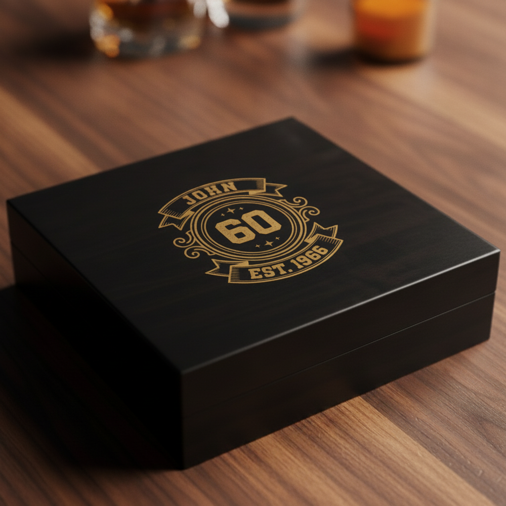 Personalized 60th birthday keepsake box in black wood with a gold crest engraving of the name, 60, and Est 1966 on the lid