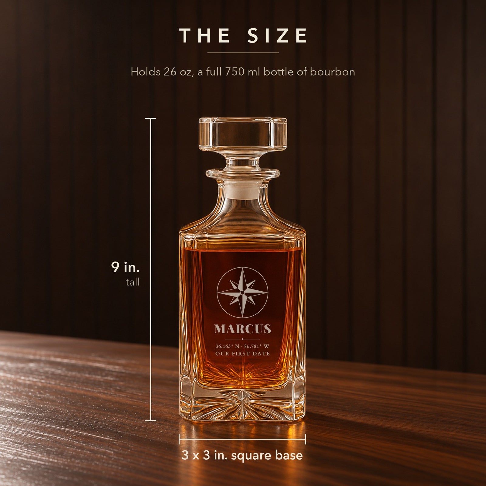 Size of the personalized whiskey decanter for boyfriend: 9 inches tall with a 3 by 3 inch square base, engraved Marcus with Nashville coordinates