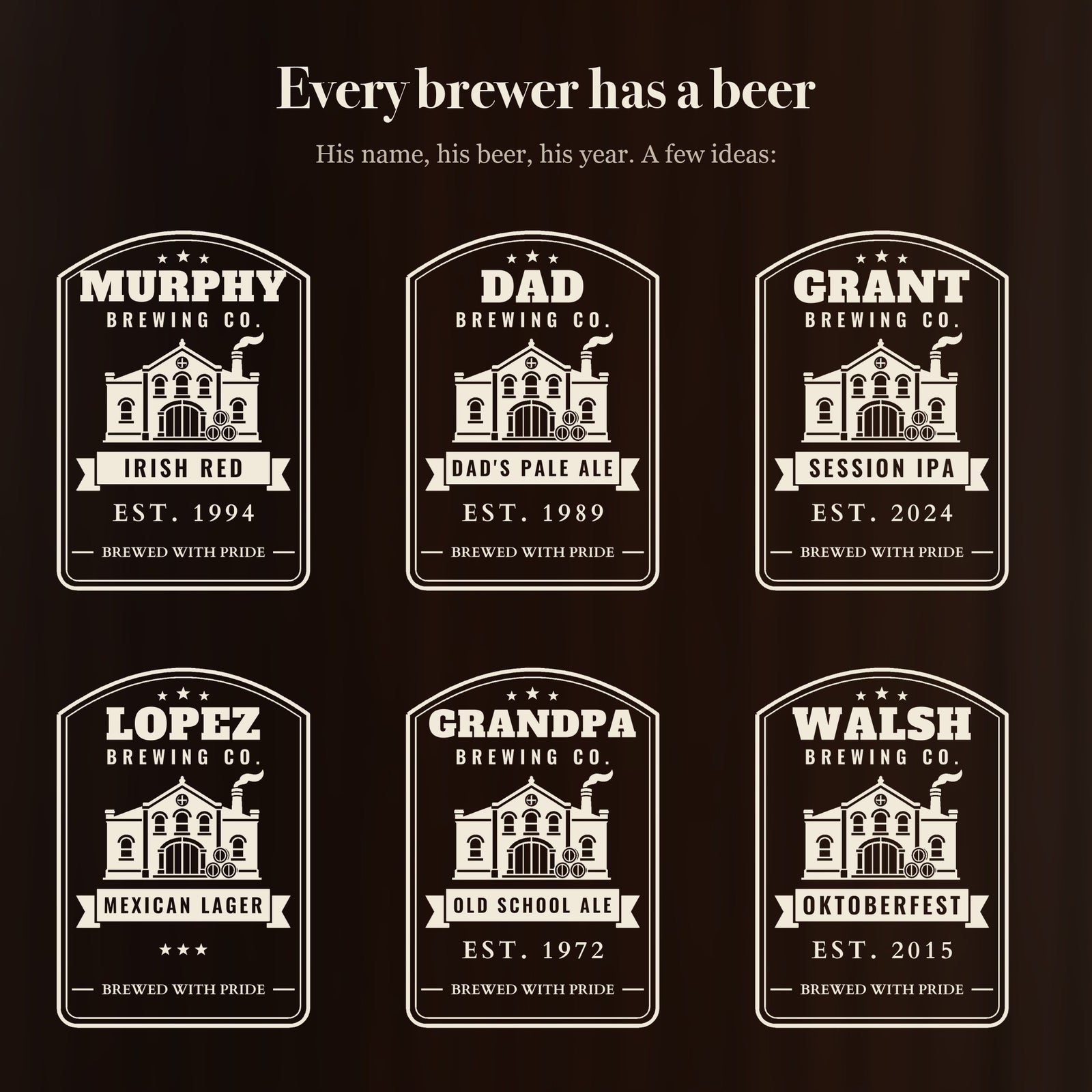 Six ways to engrave the Brewing Co. beer stein for a beer lover, including DAD with DAD'S PALE ALE and GRANDPA with OLD SCHOOL ALE and EST. 1972