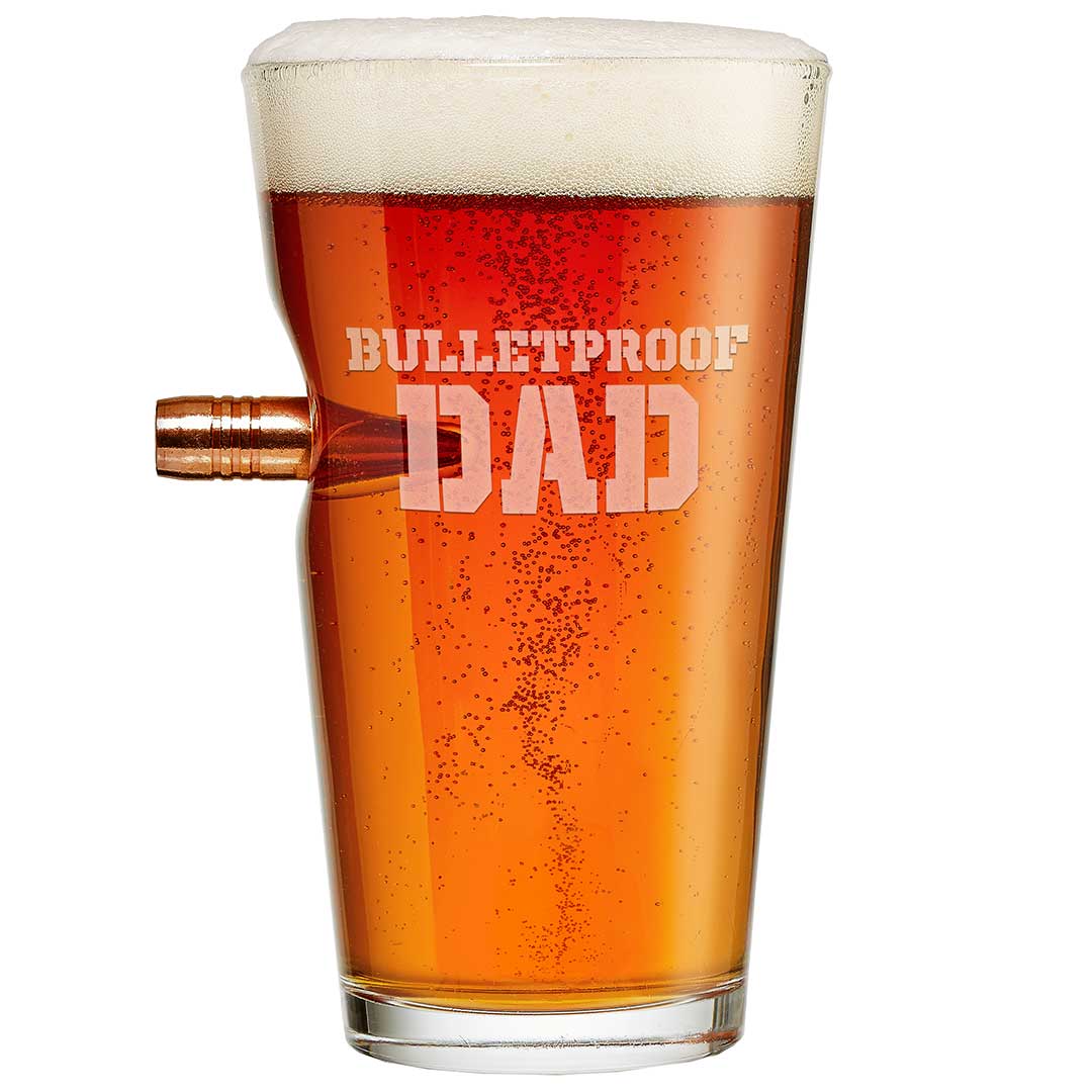 Bulletproof Dad glassware with embedded bullet – whiskey, beer, wine, and decanter options