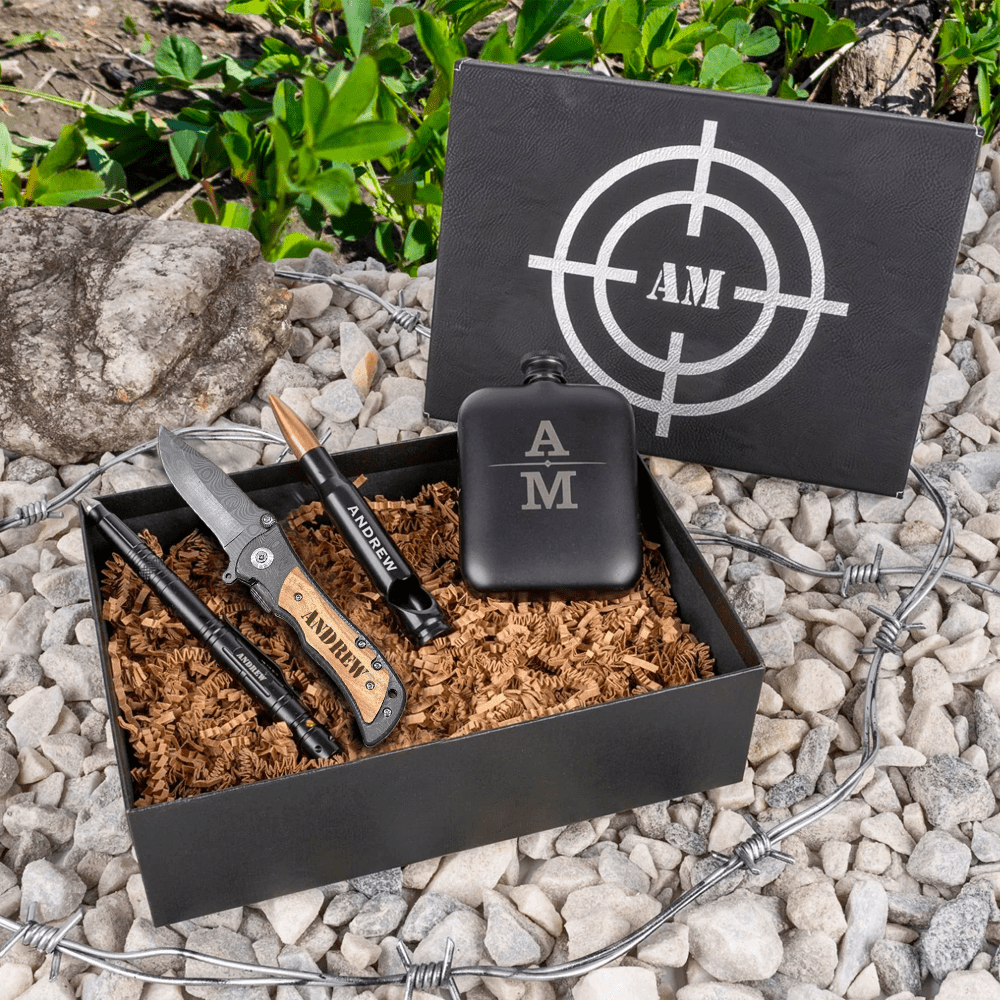 personalized tactical gift set with engraved pocket knife and lighter