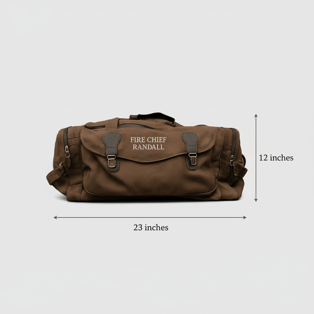 Brown canvas duffle bag with leather trim, embroidered with sample text "FIRE CHIEF RANDALL" on flap, measuring 23 inches by 12 inches