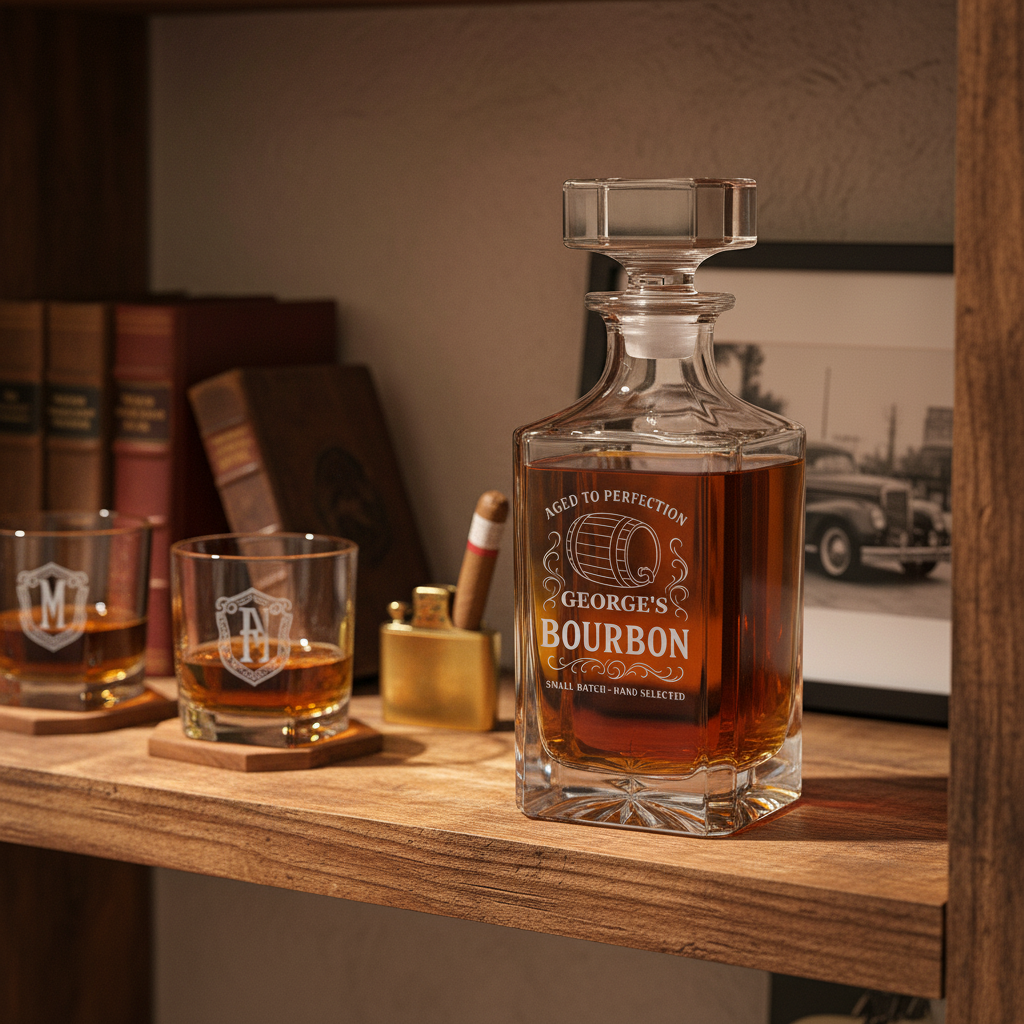 Personalized bourbon decanter with sample engraving "George's Bourbon" and barrel motif, displayed on wooden shelf with matching monogrammed glasses and whiskey bottle.
