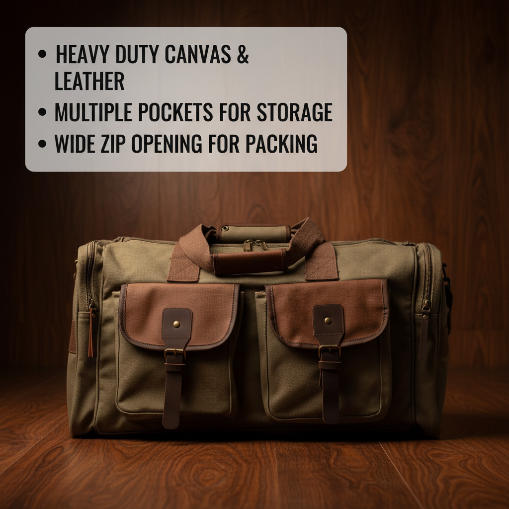 Tan canvas duffle with brown leather front pockets and brass hardware, featuring dual carry handles and adjustable shoulder strap, shown on wooden surface