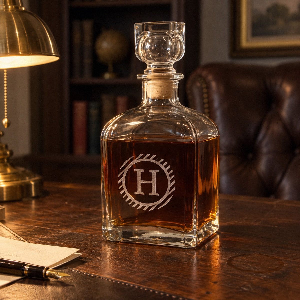 Circle initial whiskey decanter etched with a large H inside a striped ring, filled with scotch on a walnut desk in a home study