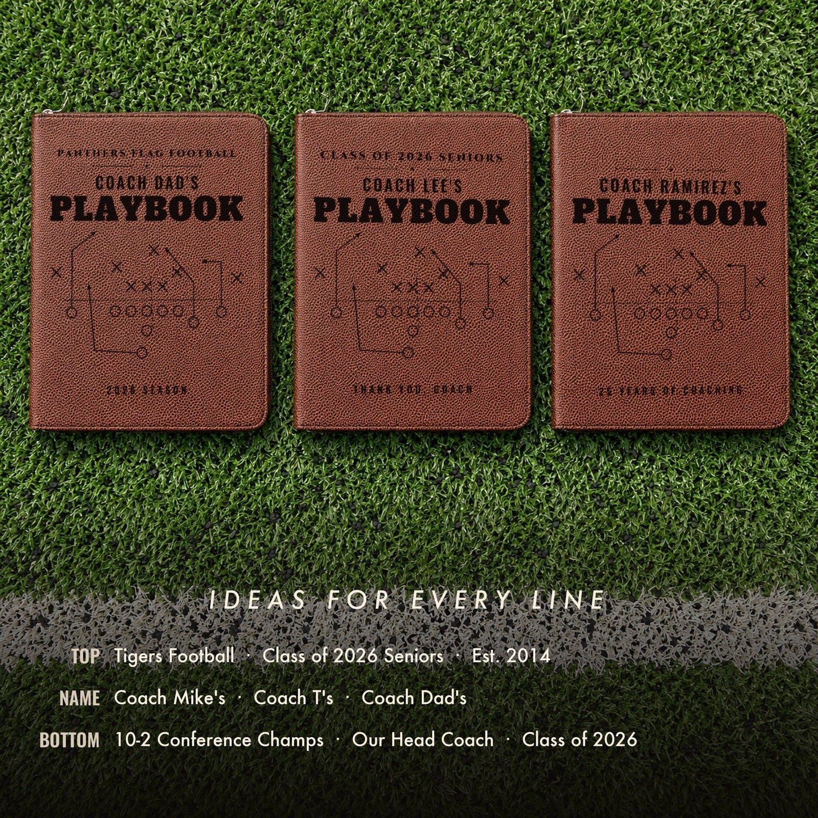 Three engraved football coach portfolios on turf for Coach Dad's, Coach Lee's and Coach Ramirez's, with ideas for the top, name and bottom lines of this coach gift