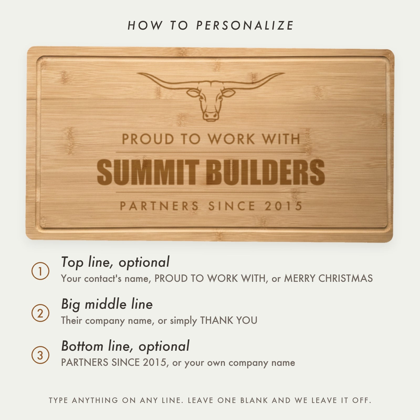 How to personalize the corporate gift cutting board: an optional top line, a big middle line for their company and an optional bottom line
