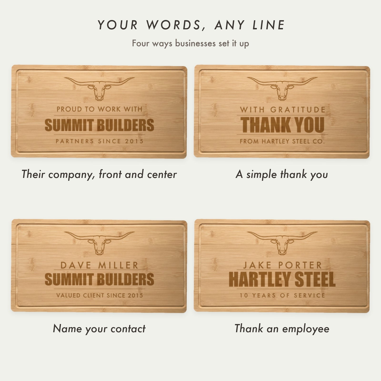 Four corporate gift cutting board layouts: client company in the middle, a simple thank you, a named contact, and an employee board for Jake Porter’s 10 years of service