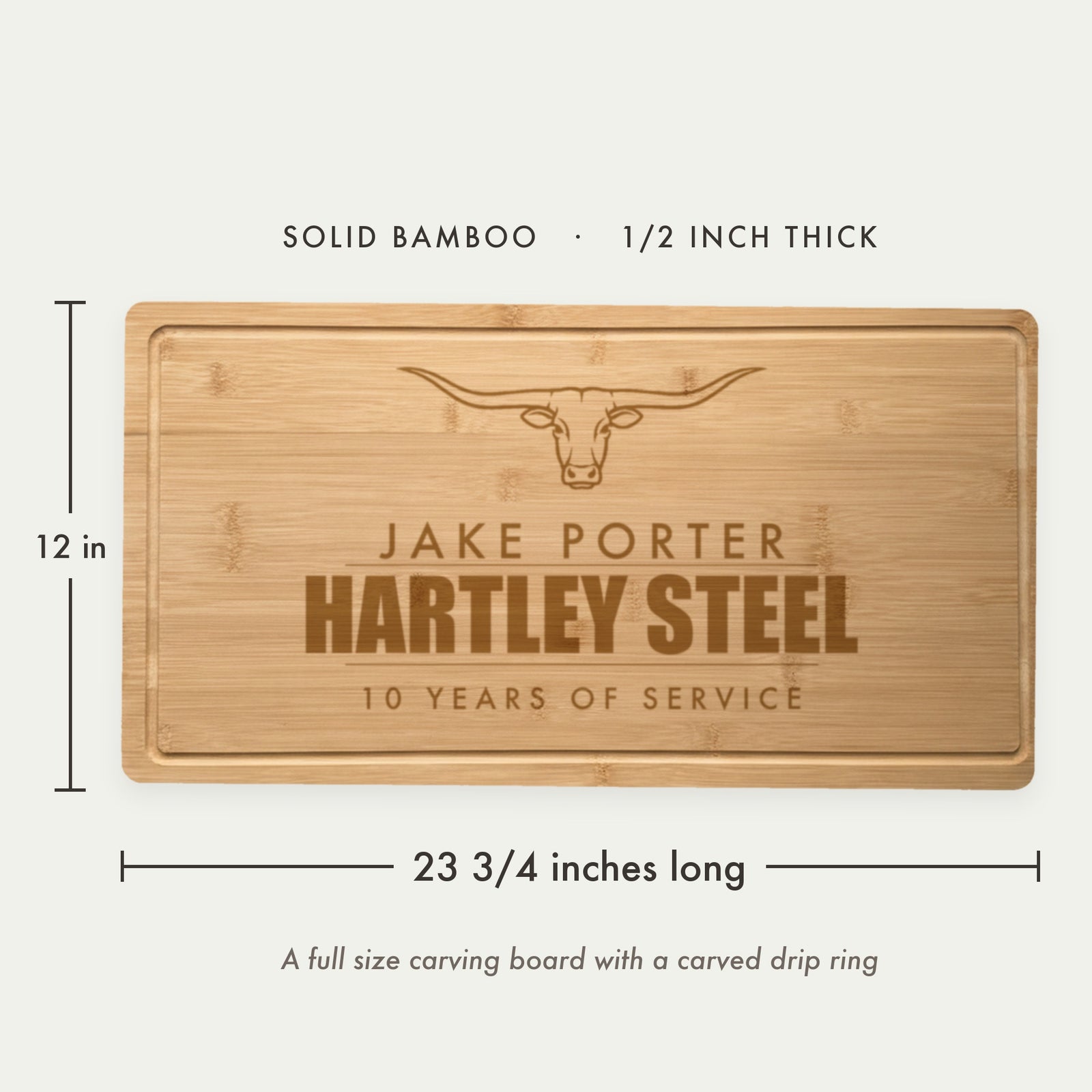 Size guide for the personalized corporate gift cutting board in solid bamboo, 23 3/4 inches long by 12 inches wide and half an inch thick