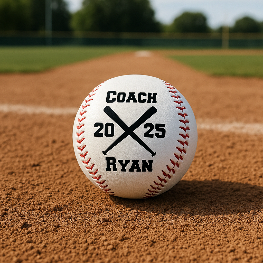 Custom baseball coach gift with crossed-bats design and engraved coach name and year, shown on infield dirt with a baseball field behind.