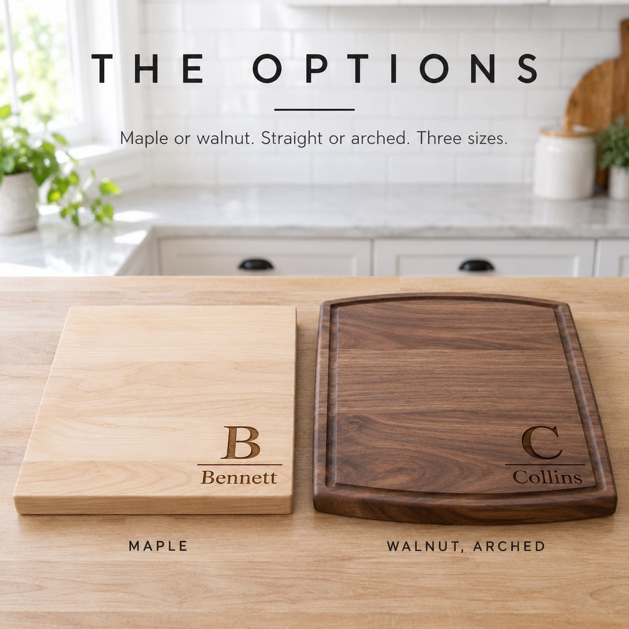 Custom cutting board options: a maple board engraved B and Bennett beside an arched walnut board engraved C and Collins, three sizes offered
