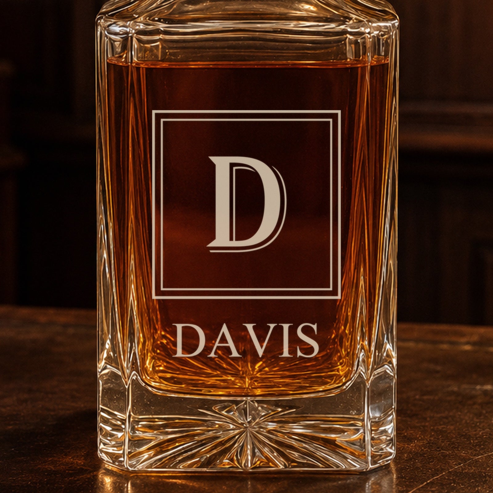 Close-up of a custom engraved decanter front, a D initial framed in a double-line square with the name DAVIS laser engraved below it