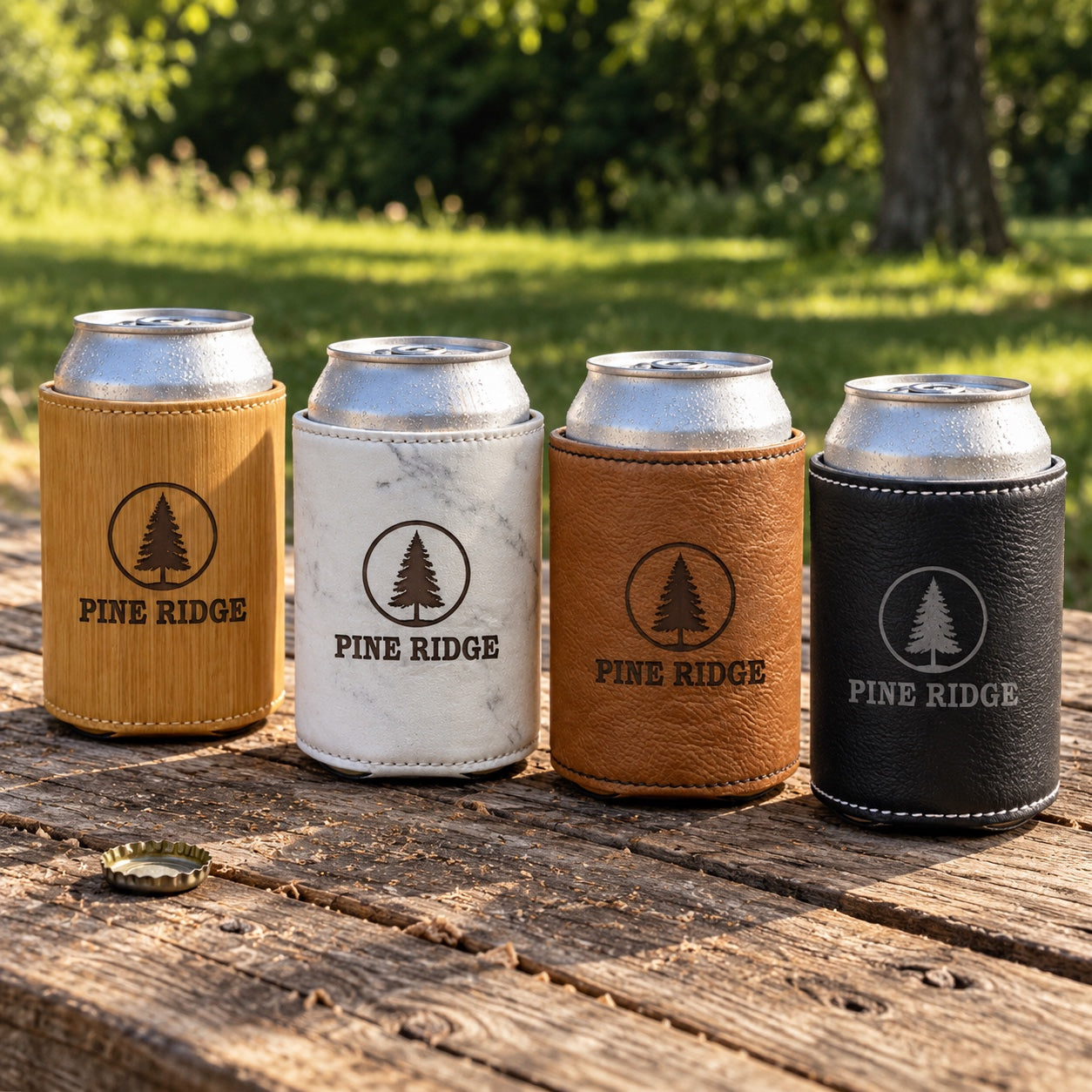 Custom logo koozies in camel, white, brown and black faux leather, each engraved with the same company logo, lined up on a picnic table