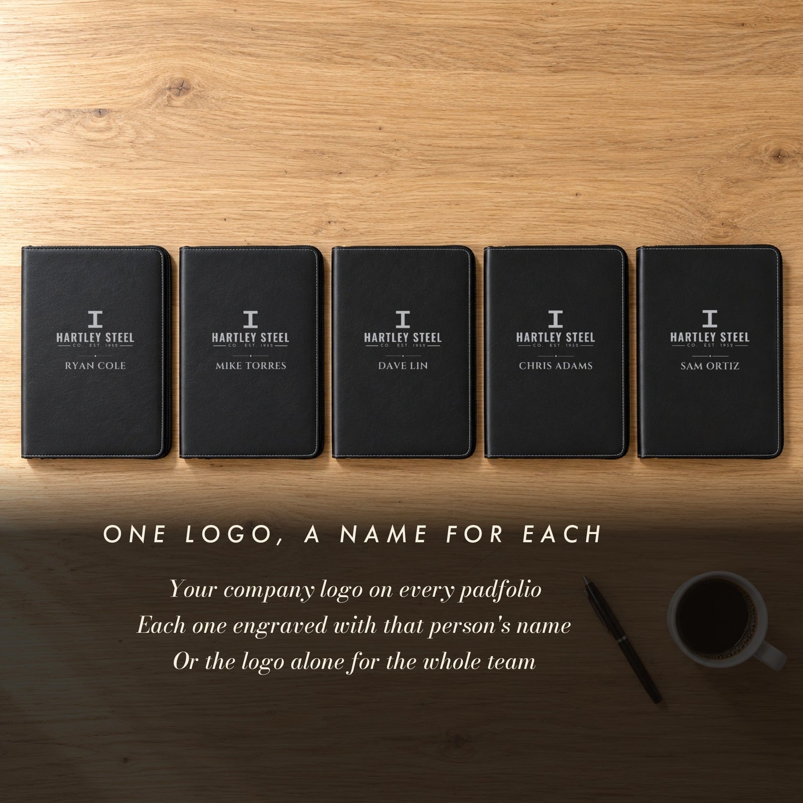Five black custom logo padfolios engraved with the same sample company logo and a different employee name on each, a team corporate gift