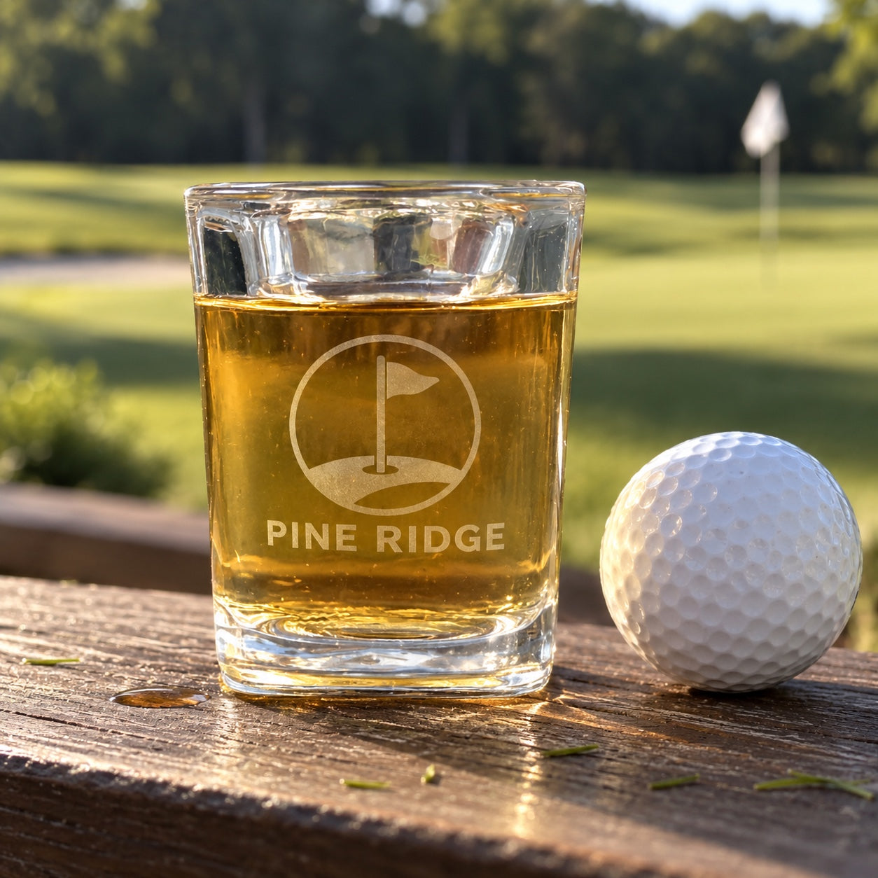 Custom logo shot glass etched with a golf outing logo, filled with whiskey beside a golf ball on a clubhouse rail, a golf tournament giveaway idea