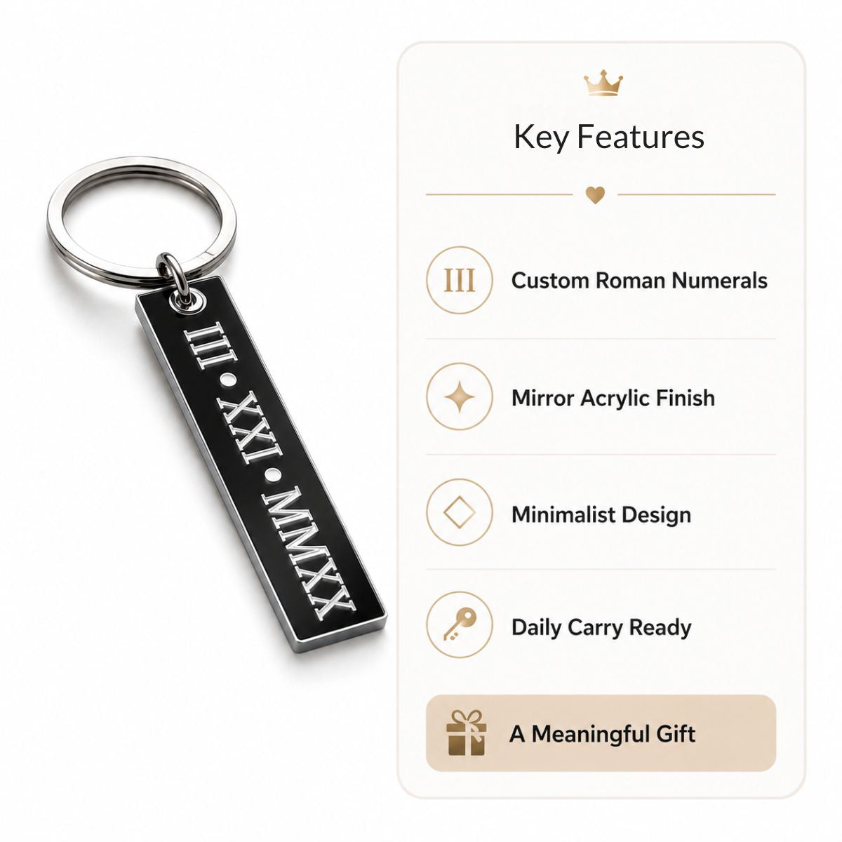 Keychain with custom Roman numerals and key features listed on a white background