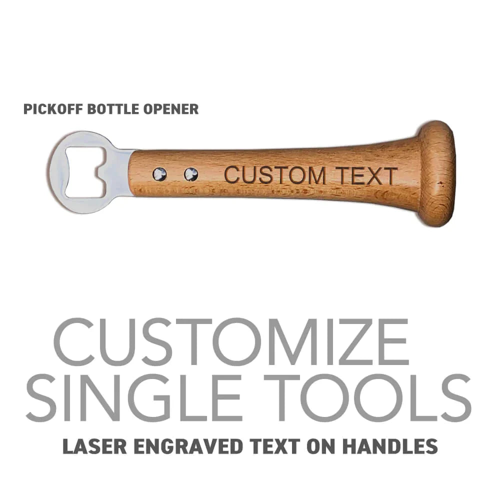 Wooden baseball bat bottle opener with stainless steel cap, laser-engraved with sample text "CUSTOM TEXT" on handle