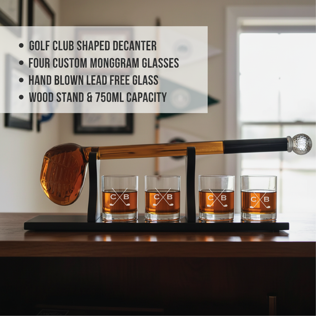 Golf club-shaped decanter with four glasses monogrammed with sample initials "CB" and crossed clubs design, displayed on black wooden stand