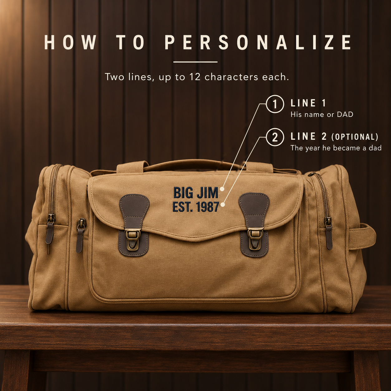 How to personalize the dad duffle bag: line 1 is his name or DAD, line 2 is the year he became a dad, shown in navy as BIG JIM and EST. 1987