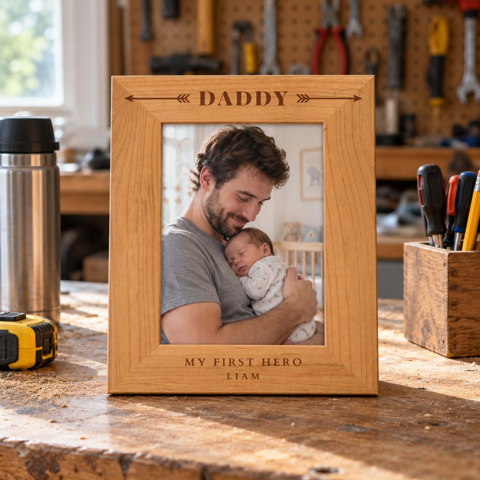 Engraved wood dad picture frame reading Daddy with My First Hero and Liam on a garage workbench, holding a photo of a dad with his newborn son
