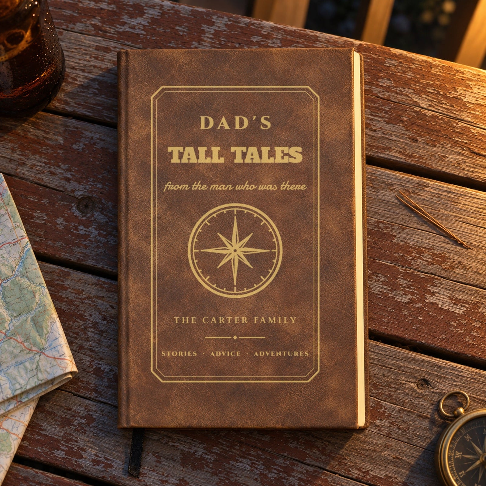 Dad's Tall Tales journal in rustic brown with gold engraving, from the man who was there, The Carter Family, on a porch table, a sentimental gift for dad