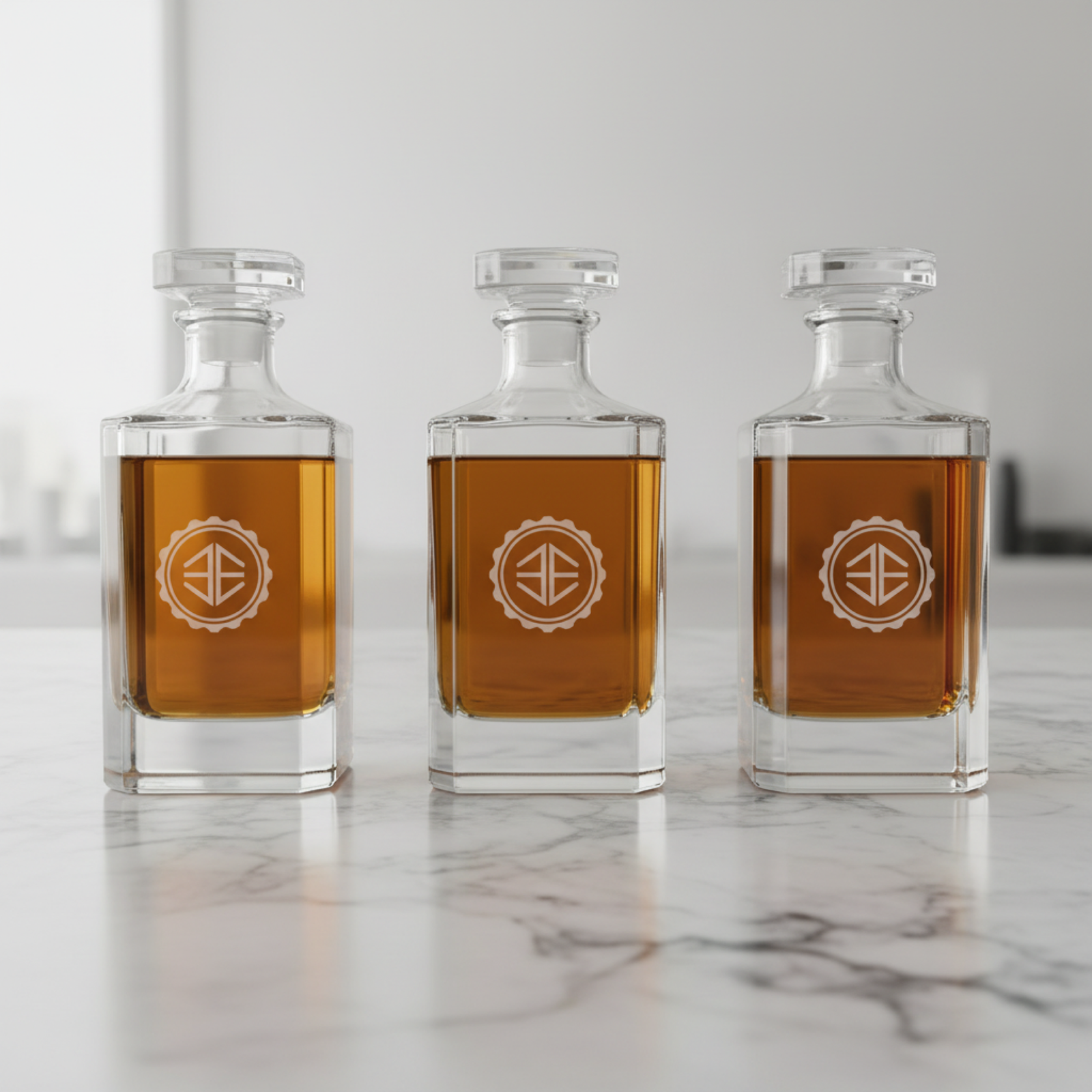 Three matching custom logo crystal whiskey decanters engraved with the same sample company emblem on marble, showing bulk corporate gift ordering.