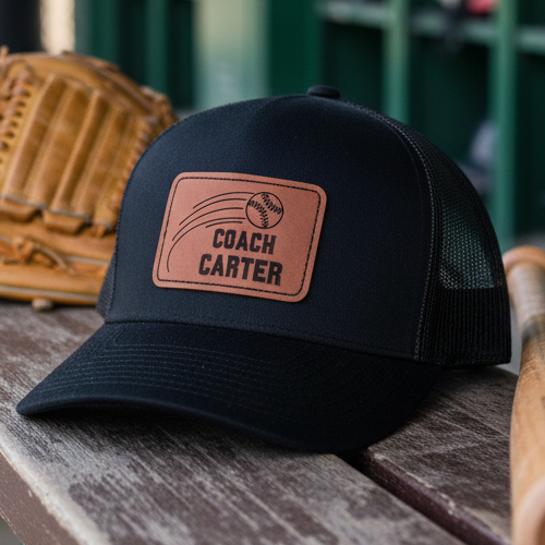 Baseball cap with 'Coach Carter' patch, glove, and bat on a bench in a dugout.