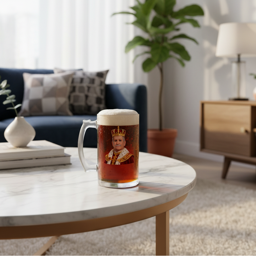 Frosted glass beer mug with full wraparound photo print showing a person in AI-generated royal costume with crown and robes, displayed on marble table in home setting