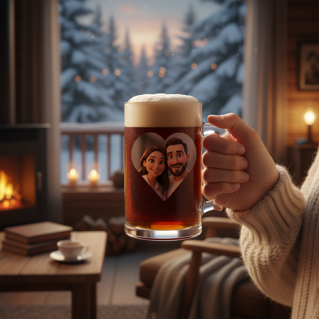 Hand holding frosted beer mug with couple portrait engraved in heart shape, filled with dark beer and foam head, winter cabin setting with fireplace and snowy forest view