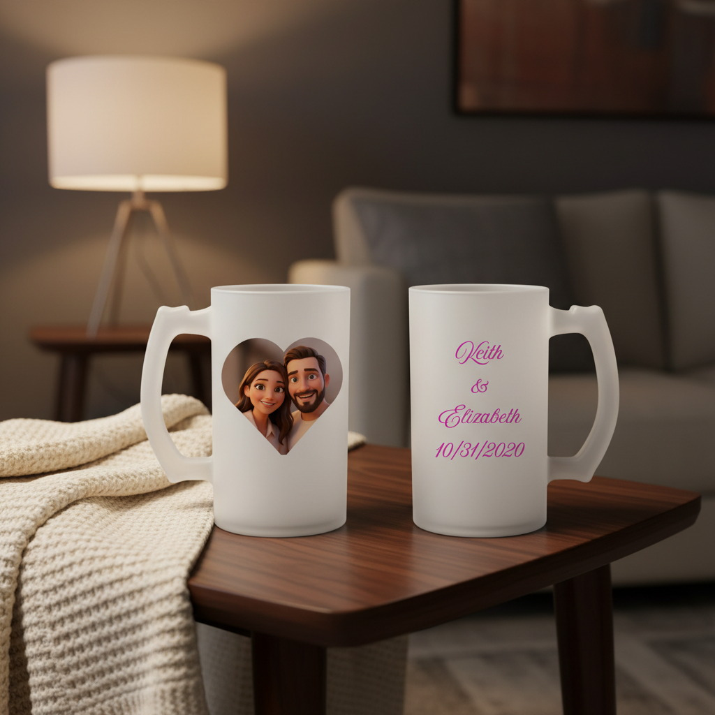 Pair of frosted white beer mugs with sample personalization showing photo portrait in heart shape and names "Keith & Elizabeth 10/31/2020" in pink script on reverse side