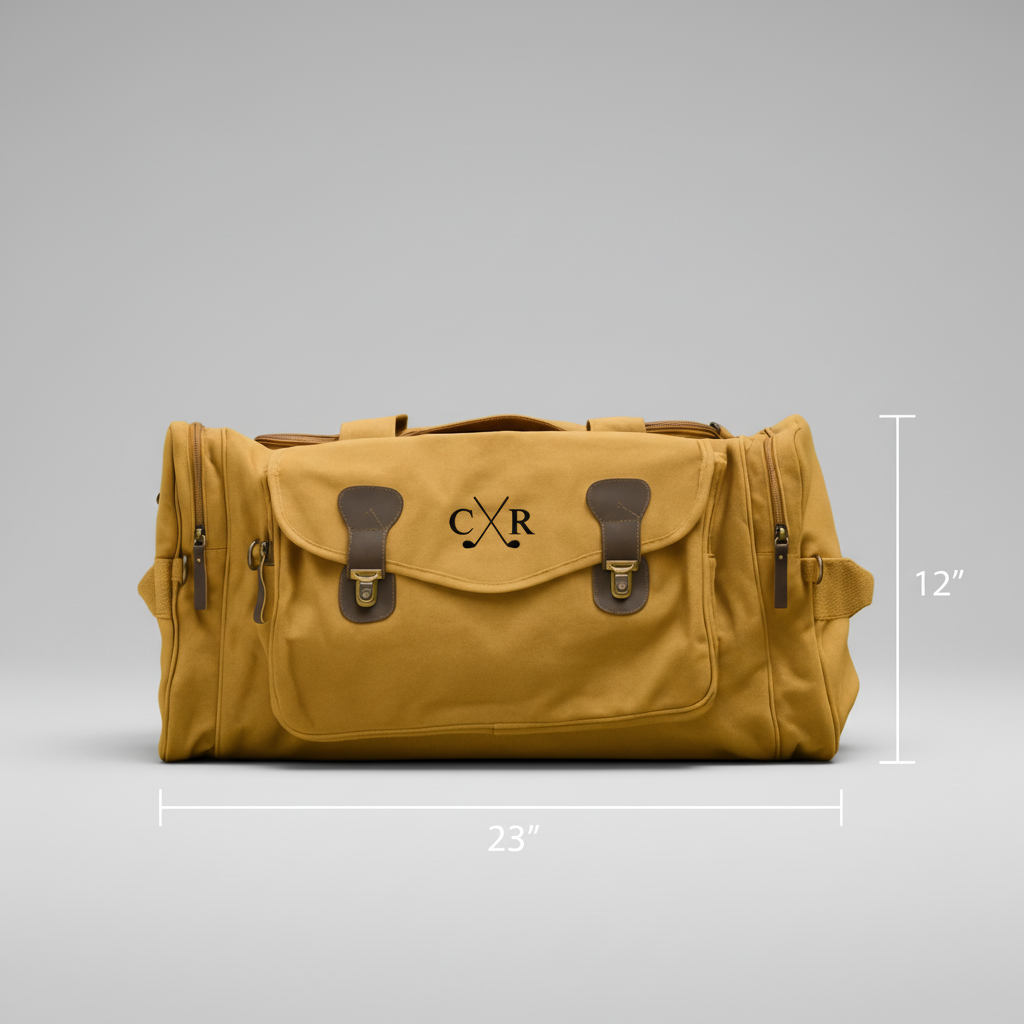 Canvas golf coach duffle bag with leather trim and brass buckles, personalized with a crossed golf clubs monogram.