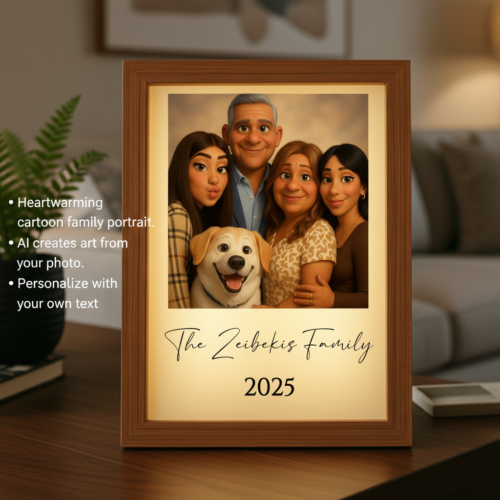 Framed cartoon portrait with wood border showing family of four and dog, personalized with sample text "The Zeibekis Family 2025" below image, displayed on wooden surface with LED backlighting