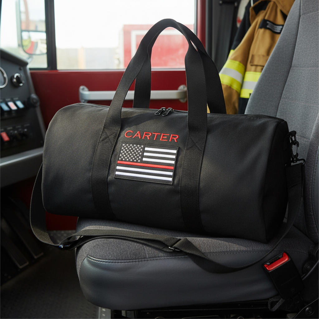 Black canvas duffle bag personalized with sample name "CARTER" in red lettering and thin red line flag emblem, displayed in vehicle seat with black handles and side pocket visible