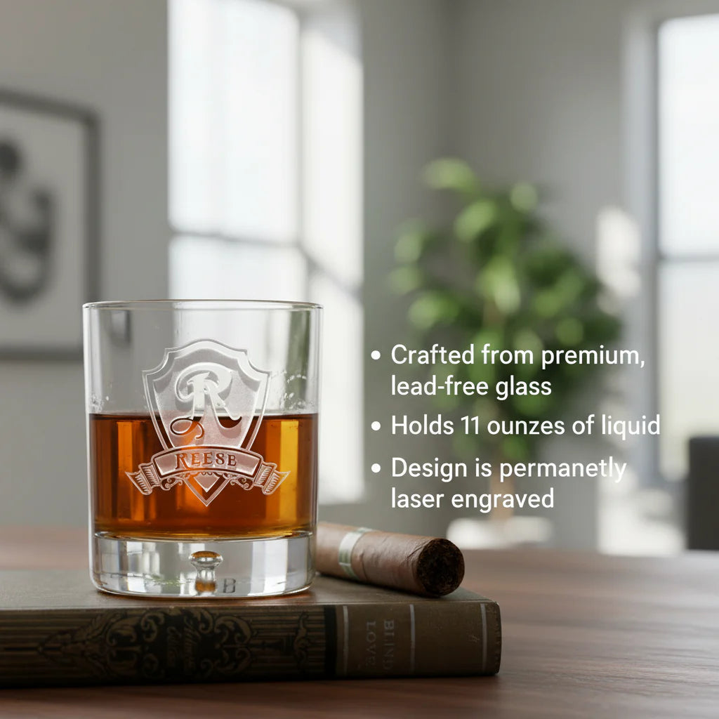 Highland Monogram personalized bourbon glass set of four with sand-carved monogram on a home bar setup