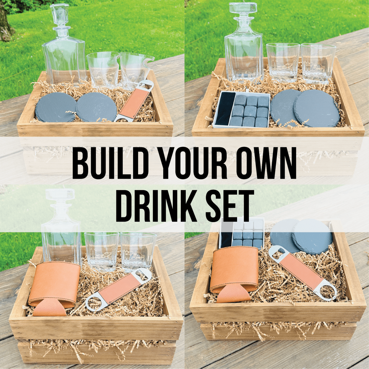 Customizable barware gift set with personalized engraving, featuring premium decanters, whiskey glasses, slate coasters, and more, elegantly packaged in a wooden crate – perfect for Father’s Day, weddings, or birthdays